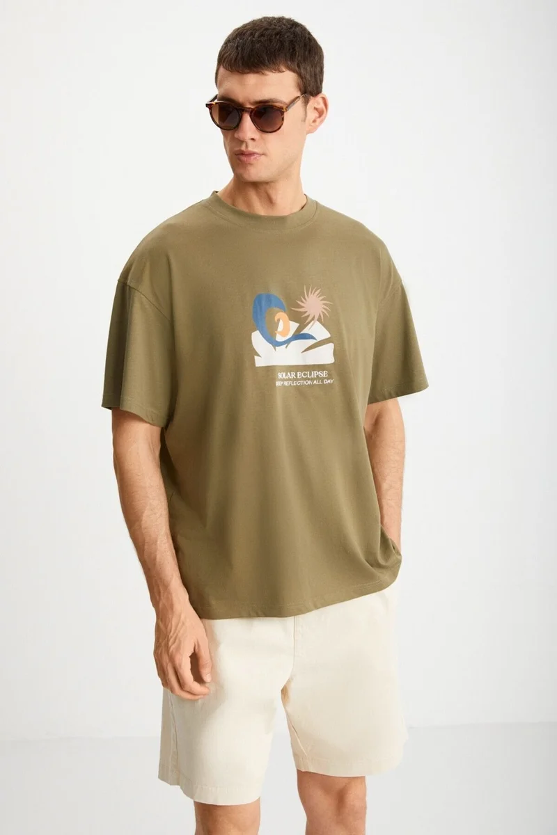 GRIMELANGE MITCHELL Men's 100% Cotton Printed Short Sleeve Regular Fit Khaki T-Shirt