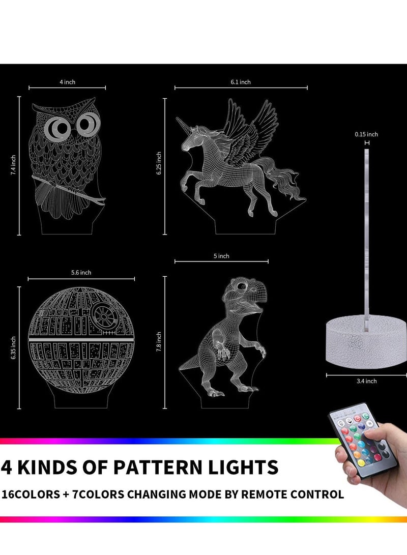 althiqahkey 4 Patterns 3D Illusion Lamp Star Wars+ Dinosaur+ Unicorn+Owl LED Night Light for Kids Room Decor, 7 Color Change Decor Boys Lamp Gifts Night Lights, 2024 Cool Gifts Night Light for Kids - Image 3