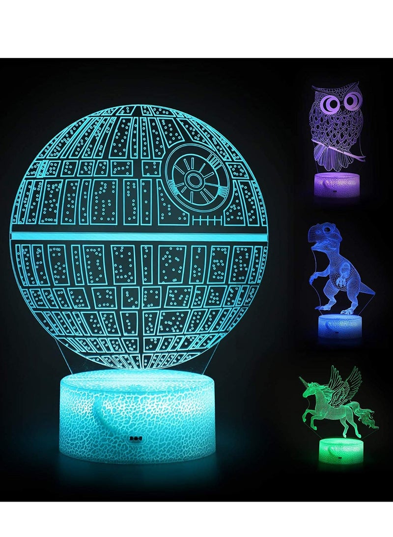 althiqahkey 4 Patterns 3D Illusion Lamp Star Wars+ Dinosaur+ Unicorn+Owl LED Night Light for Kids Room Decor, 7 Color Change Decor Boys Lamp Gifts Night Lights, 2024 Cool Gifts Night Light for Kids - Image 1