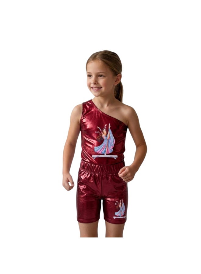Girls' one-shoulder set with shiny disco lycra shorts for sports and gymnastics