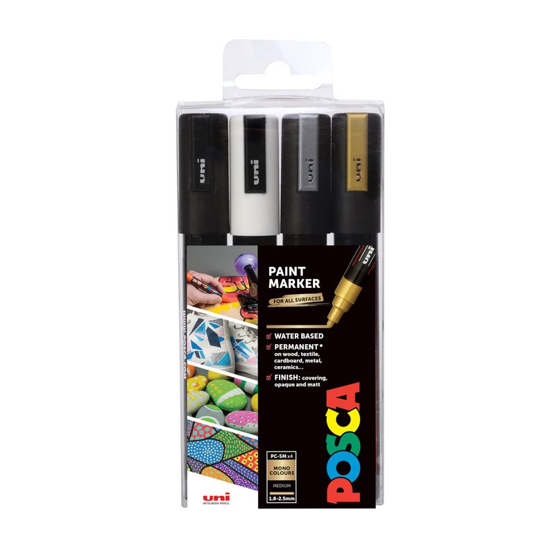posca Markers Set, 4 Medium Paint Markers 5M – Mono Tones – Black, White, Gold, Silver - Image 1