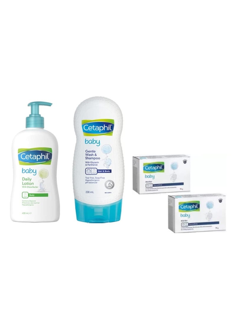 Cetaphil Baby Daily Lotion, 400ml, Baby Shampoo and Wash, 230 ml and Baby Mild Bar 75g(2Pcs) (Pack of 4) - Combo - Image 1