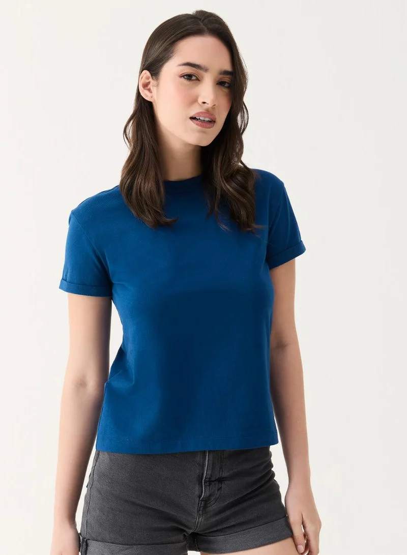 Zigzag Teal Blue Basic Crew Neck T-shirt