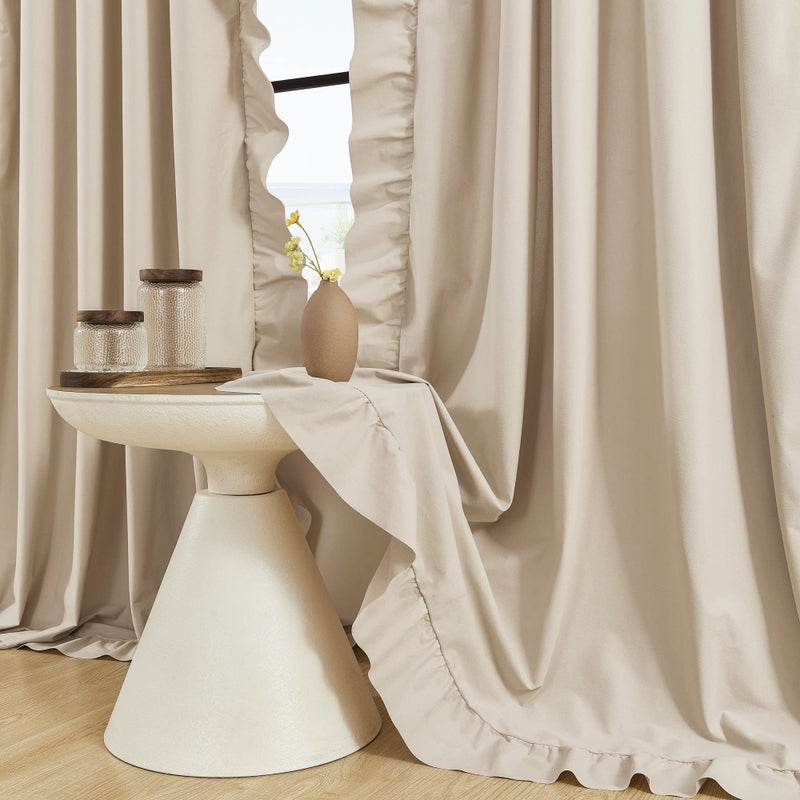 FOLKSIDE Beige Ruffle Curtains 84 Inches Long 2 Panels Suede Fabric Light Tan Farmhouse Curtains for Living Room Bedroom Rod Pocket Light Filtering Shabby Chic Window Curtains for Girls Nursery Room, 52x84 - Image 1