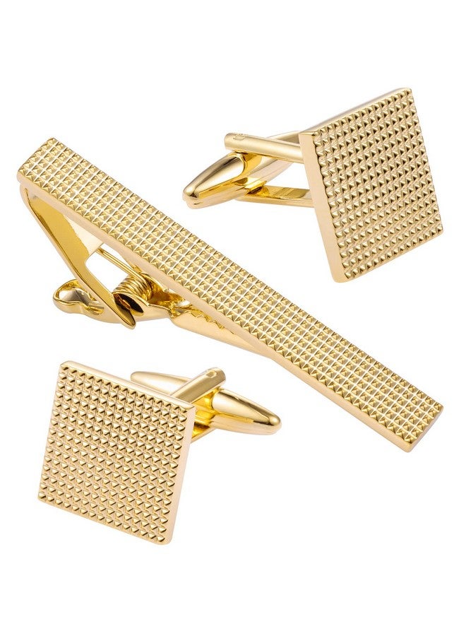 HAWSON Cufflinks For Men, Gold Tie Clips And Cufflinks Sets For Necktie, 2 Inch Tie Bar For Men Set Accessories, Geometric Square Cuff Button For Tuxedo Shirt - Image 1