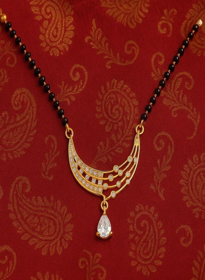VIEN Elegant Gold-Plated Mangalsutra Necklace with Black Beads, Crystal Pendant, Traditional Indian Wedding Jewelry - Image 3