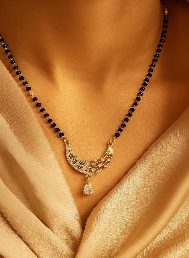 VIEN Elegant Gold-Plated Mangalsutra Necklace with Black Beads, Crystal Pendant, Traditional Indian Wedding Jewelry - Image 2