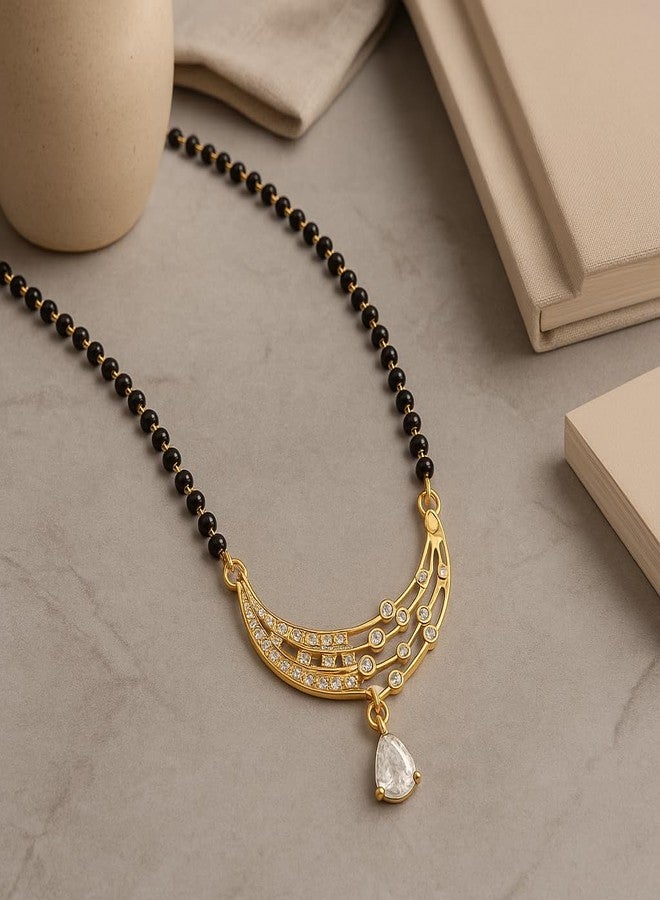 VIEN Elegant Gold-Plated Mangalsutra Necklace with Black Beads, Crystal Pendant, Traditional Indian Wedding Jewelry - Image 4