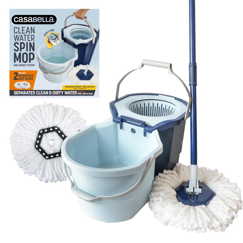 Casabella Spin Mop System with Extra Mop Head Refill  TwoBucket Design with Splash Guard Builtin Measuring Cup and Scraper Tool with Easy Wring Pedal Spinner 125Gallon Blue