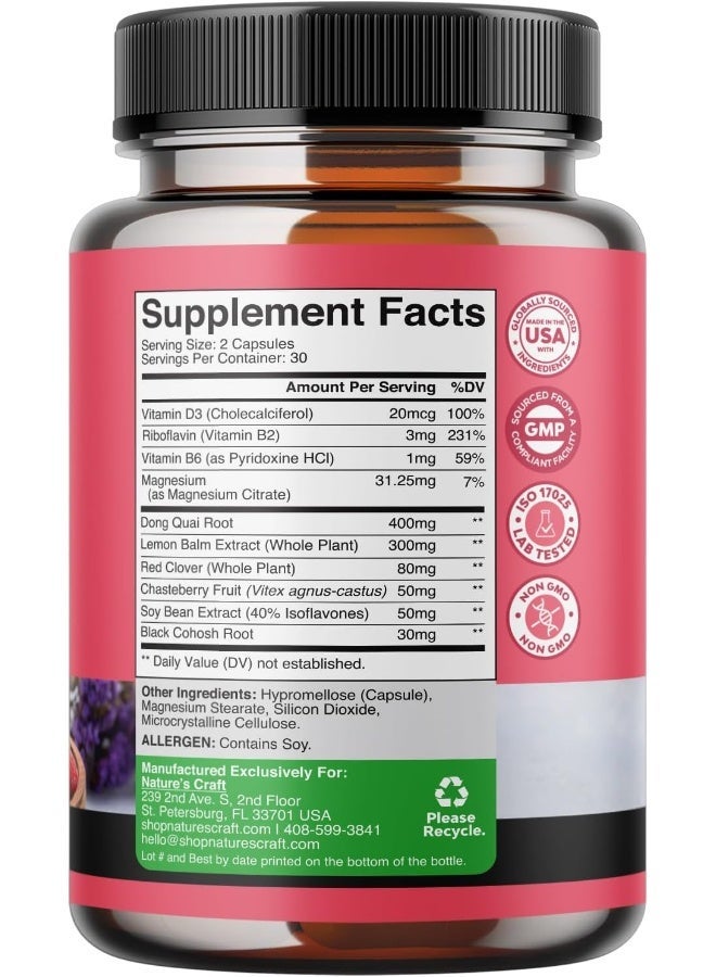 Natures Craft Menopause Supplements for Women – Hormonal Balance, Night Sweats & Hot Flash Relief – Black Cohosh, Dong Quai, Resveratrol, Red Clover – Herbal Formula – 60 Capsules – Gluten Free - Image 2