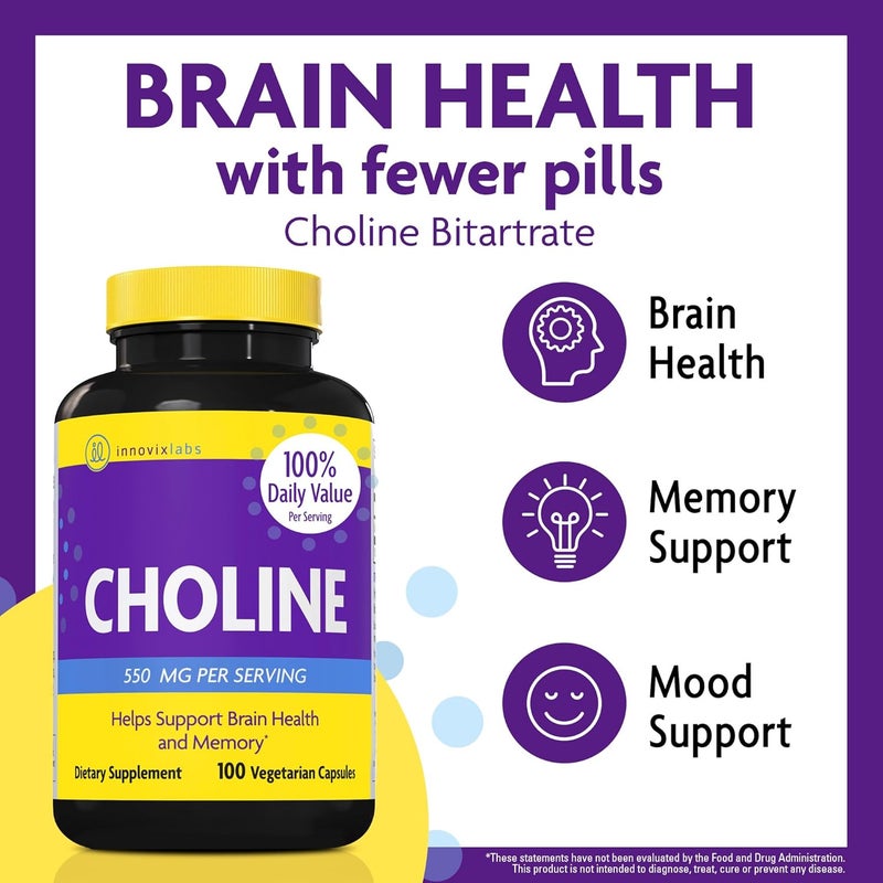 InnovixLabs Choline Supplement 550mg Pure Choline Bitartrate for Brain Health Focus Memory Cognitive Development Fatty Liver and Mood Support for Women and Men 100 Capsules - Image 2