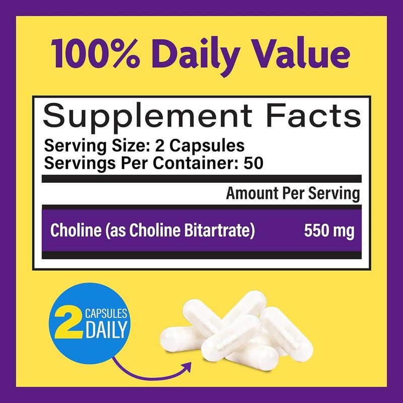InnovixLabs Choline Supplement 550mg Pure Choline Bitartrate for Brain Health Focus Memory Cognitive Development Fatty Liver and Mood Support for Women and Men 100 Capsules - Image 3