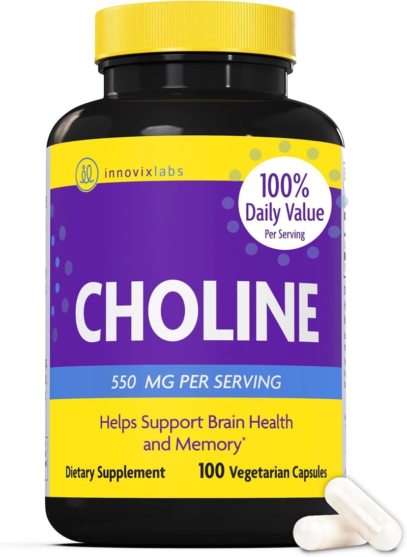 InnovixLabs Choline Supplement 550mg Pure Choline Bitartrate for Brain Health Focus Memory Cognitive Development Fatty Liver and Mood Support for Women and Men 100 Capsules - Image 1