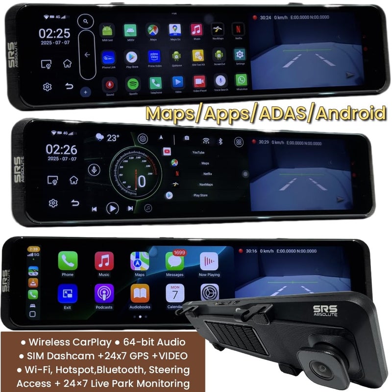 SRS Absolute 2K 4G Mirror Dash Cam Android ADAS Wireless CarPlay Steering control 24x7 Live Audio Video GPS Track Record BT WIFI HotSpot 1TB MicroSD SIM Support Map App PlayStore Split Screen S12Ultra - Image 2