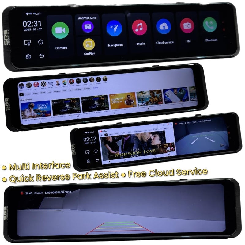 SRS Absolute 2K 4G Mirror Dash Cam Android ADAS Wireless CarPlay Steering control 24x7 Live Audio Video GPS Track Record BT WIFI HotSpot 1TB MicroSD SIM Support Map App PlayStore Split Screen S12Ultra - Image 3