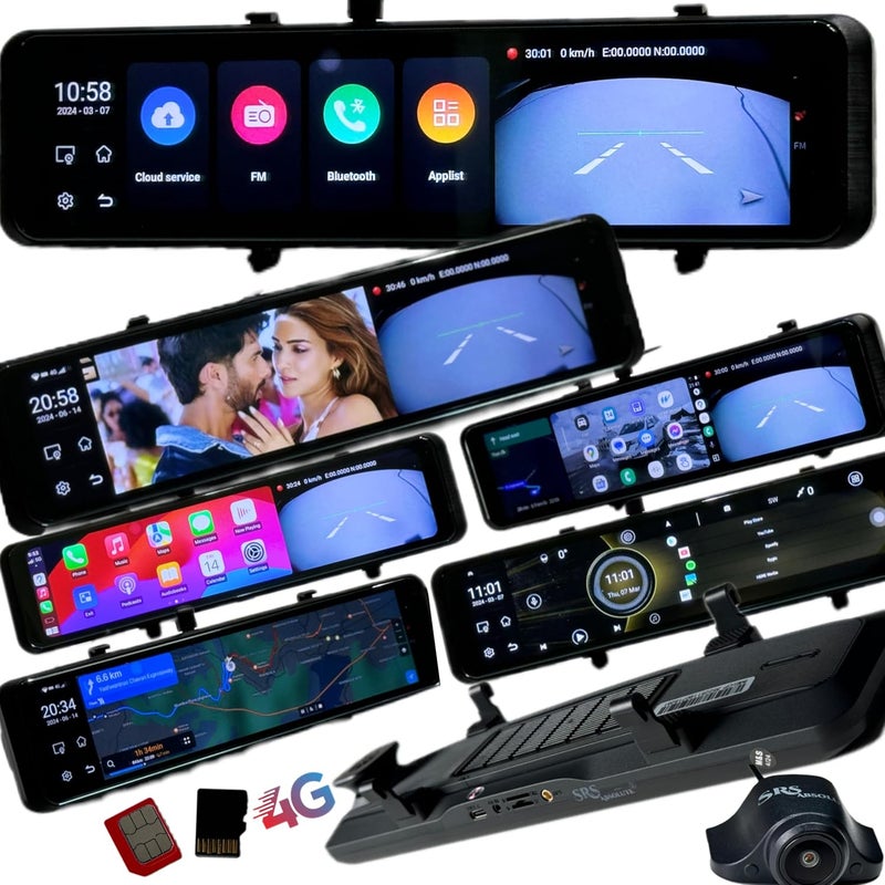 SRS Absolute 2K 4G Mirror Dash Cam Android ADAS Wireless CarPlay Steering control 24x7 Live Audio Video GPS Track Record BT WIFI HotSpot 1TB MicroSD SIM Support Map App PlayStore Split Screen S12Ultra - Image 1