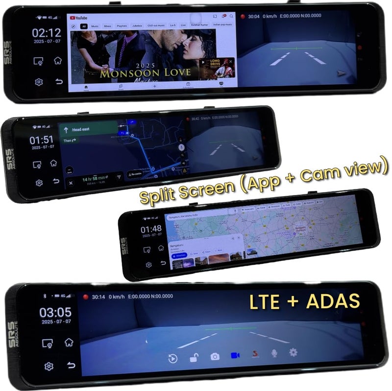 SRS Absolute 2K 4G Mirror Dash Cam Android ADAS Wireless CarPlay Steering control 24x7 Live Audio Video GPS Track Record BT WIFI HotSpot 1TB MicroSD SIM Support Map App PlayStore Split Screen S12Ultra - Image 4