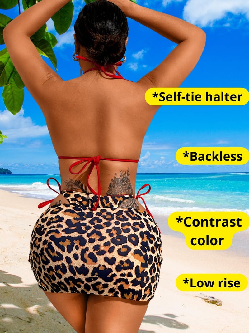 ShawGobow Womens 3 Piece Leopard Bikini Set,Triangle String High Cut Thong Sexy Swimsuit & Coverup Skirt,Pool Party Outfit Red Medium - Image 2