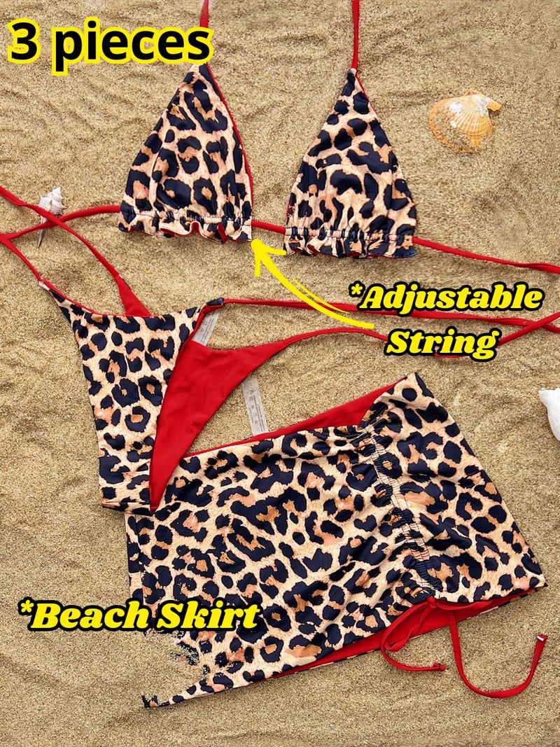 ShawGobow Womens 3 Piece Leopard Bikini Set,Triangle String High Cut Thong Sexy Swimsuit & Coverup Skirt,Pool Party Outfit Red Medium - Image 3