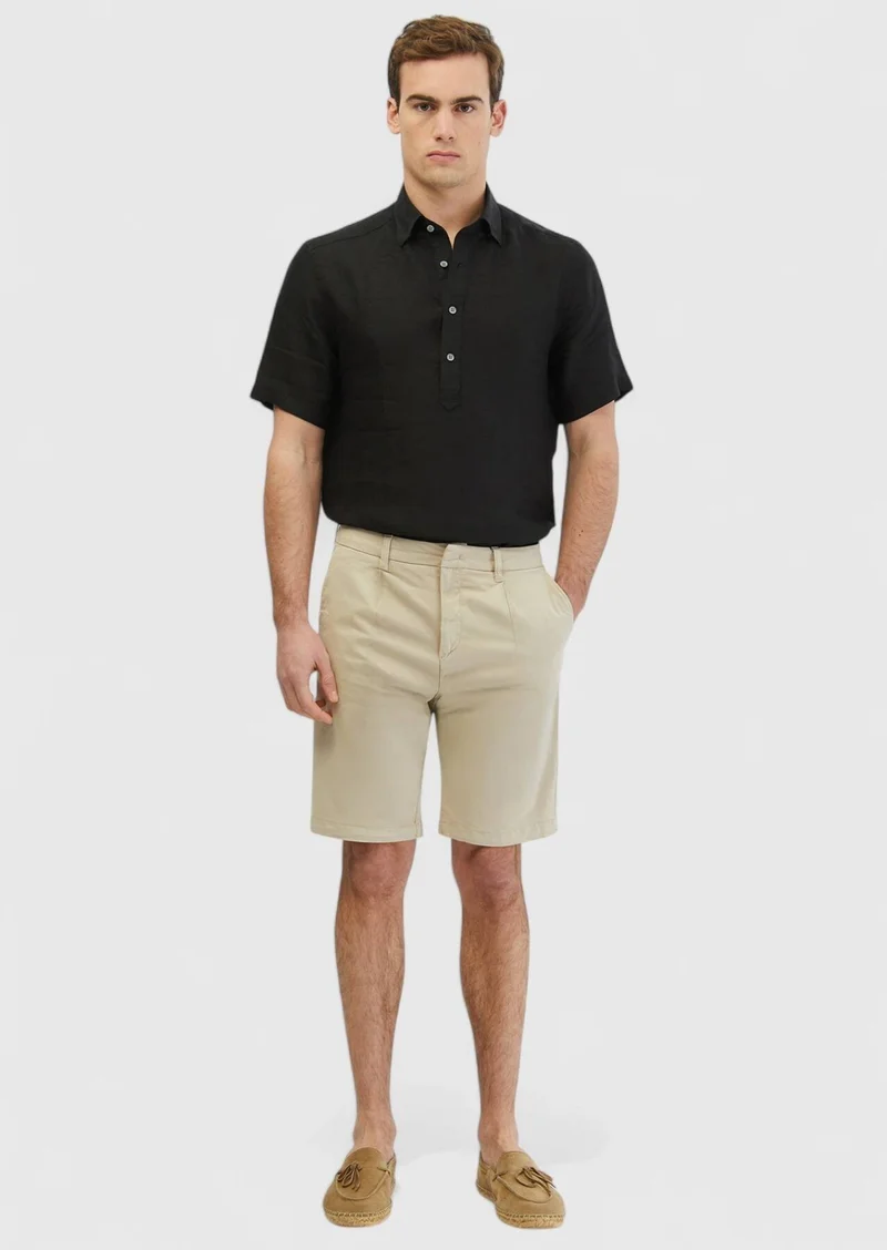 RAMSEY Beige Weaving Regular Fit Casual Cotton Blended Bermuda