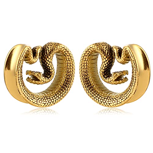 Earblity 12mm (1/2") Snake Saddle Plugs Ear Gauges Tunnels Gold Hypoallergenic 316 Stainless Steel Earrings Plugs Piercing For Ears Expander Body Jewelry 2PCS - Image 1