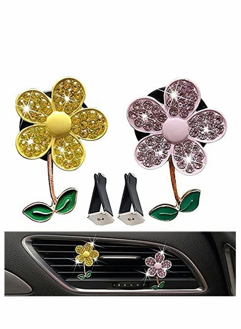 Y&D Sunflower Car air Conditioner Aromatherapy Clip, Sparkling Cute Flower Vent Decoration, Helpful For Air Circulator, Diamond Interior Accessories From Women (2 Pieces, Yellow, Pink)  - Image 1