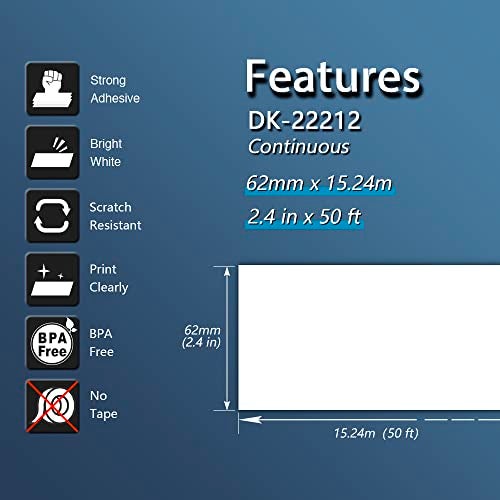 BETCKEY - Compatible Continuous Film Labels Replacement for Brother DK-2212 (2.4 in x 50 ft), Use with Brother QL Label Printers [6 Rolls] - Image 2