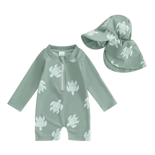 Socutebabe Toddler Infant Baby Boys Swimsuit Kids Rash Guard One Piece Newborn Zipper Bathing Suit Swimwear with Hat (Turtle Green,2-3T) - Image 1