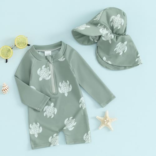 Socutebabe Toddler Infant Baby Boys Swimsuit Kids Rash Guard One Piece Newborn Zipper Bathing Suit Swimwear with Hat (Turtle Green,2-3T) - Image 2