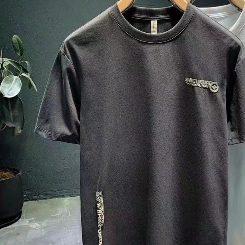 2024 new Korean version of short sleeve T-shirt mens summer cotton fashion T-shirt trend slim versatile printed jacket. Grey  - Image 1