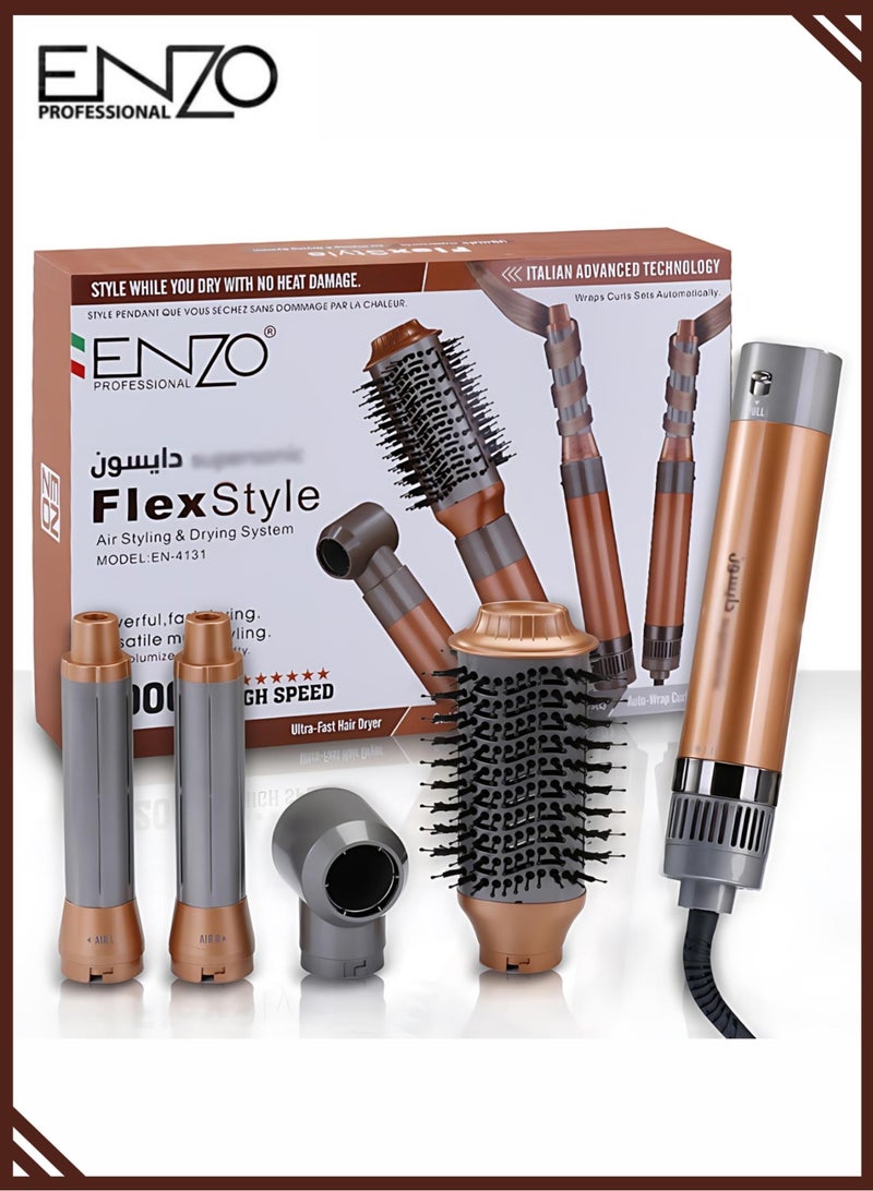 إنزو مجفف شعر ومصفف ENZO 4 في 1 – فرشاة هواء ساخن مع رؤوس قابلة للتبديل للتجفيف، التمليس، التمويج والتكثيف – مناسبة لجميع أنواع الشعر - Image 1