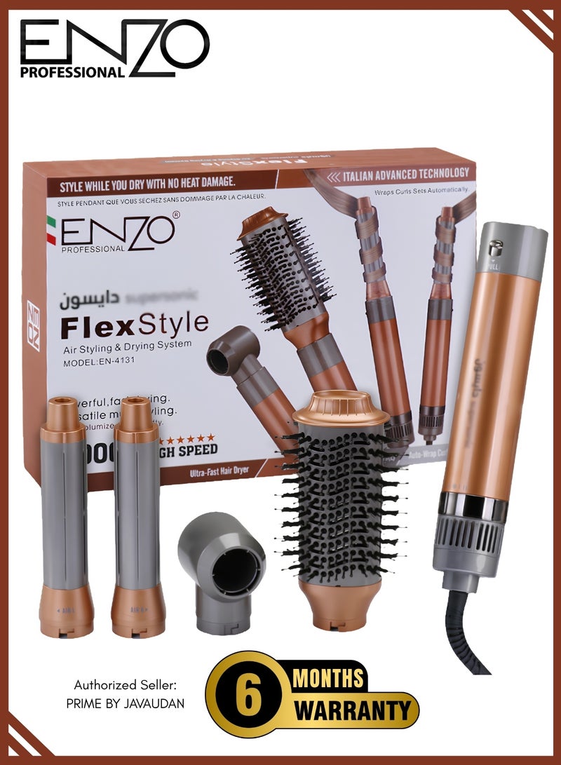 إنزو مجفف شعر ومصفف ENZO 4 في 1 – فرشاة هواء ساخن مع رؤوس قابلة للتبديل للتجفيف، التمليس، التمويج والتكثيف – مناسبة لجميع أنواع الشعر - Image 1