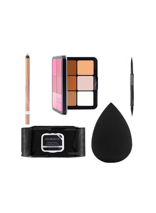 FLORUCCI A Facial Care Set Consisting Of A Dark Brown Eye And Eyebrow Pencil, A beige Eyeliner Pencil, A Blush And Contour Set, a Creamy Face Liner, a Makeup Blending Sponge, And Wet Makeup Removal Wipes.