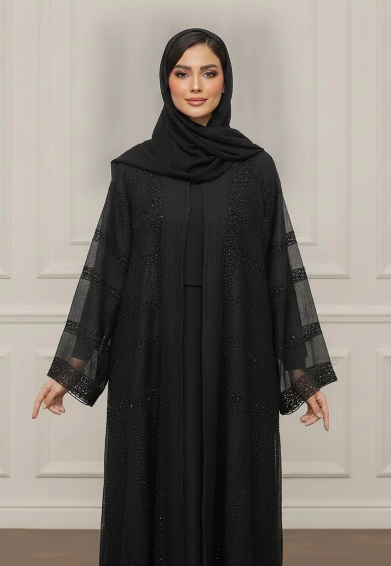 Nukhbaa Textured Organza Abaya |Organza & Crepe Mix-935
