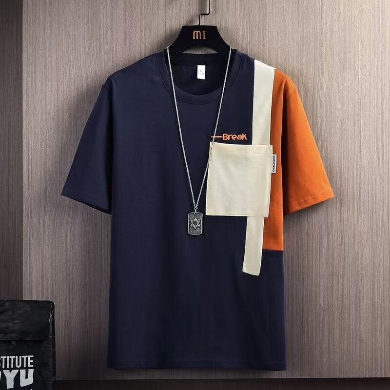 2025 Summer Round Neck Trendy Brand Men'S Half-Sleeved Top New Round Neck Loose T-Shirt Summer Contrast Color Short-Sleeved T-Shirt - Image 2