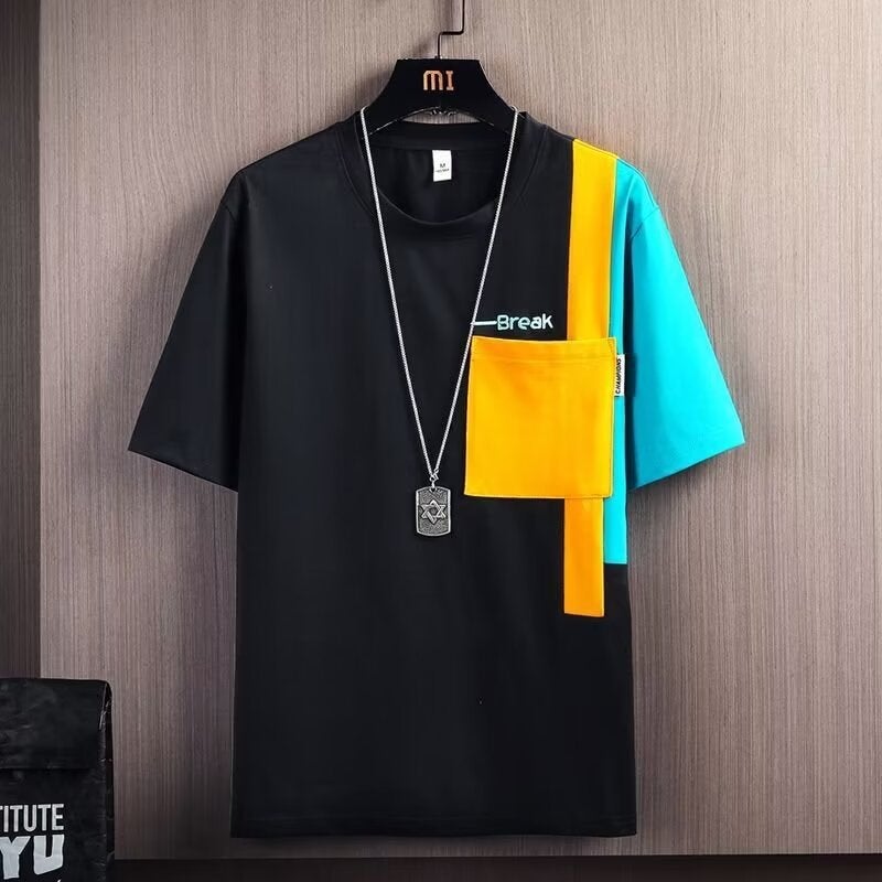 2025 Summer Round Neck Trendy Brand Men'S Half-Sleeved Top New Round Neck Loose T-Shirt Summer Contrast Color Short-Sleeved T-Shirt - Image 4