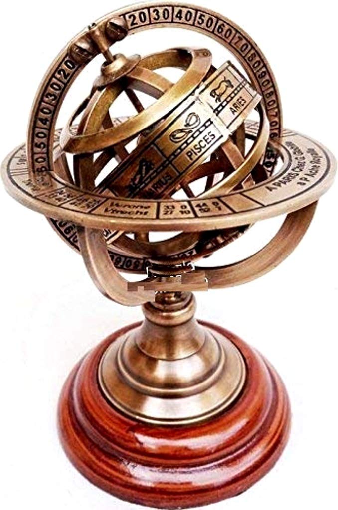 BRASS ARMILLARY SPHERE ASTROLABE ON WOODEN BASE MARITIME NAUTICAL COLLECTIBLE RUSTIC VINTAGE HOME DECOR GIFTS