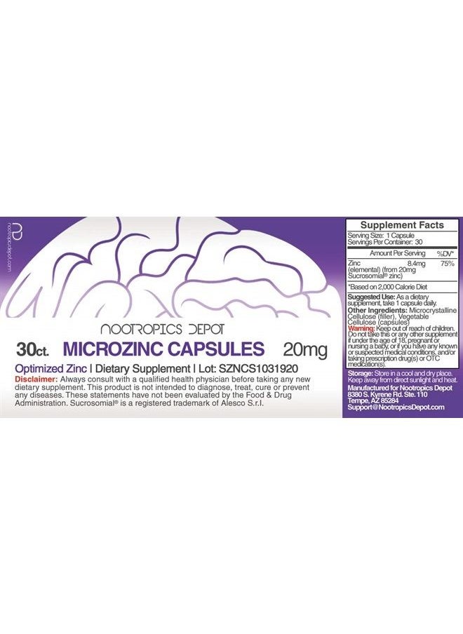 Nootropics Depot - MicroZinc Capsules | 20mg | Optimized Zinc Supplement | 30 Count - Image 1