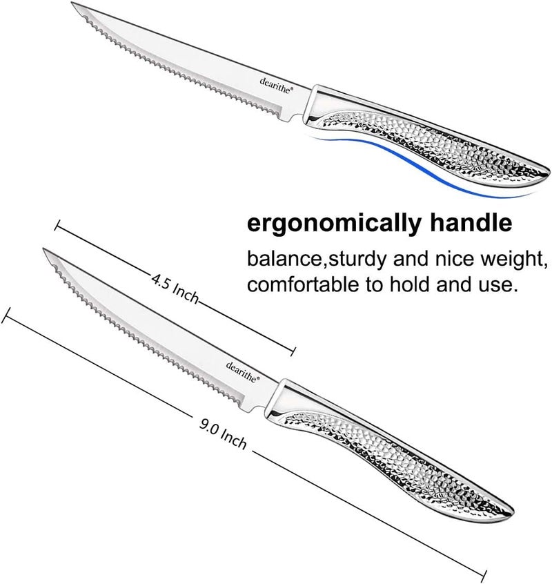 dearithe Steak Knives Set of 4, Stainless Steel Serrated Sharp Blade Flatware Steak Knife Set, Hammered Pattern Hollowed Handle,4.5 In,For Kitchen Restaurant Tableware, Dishwasher Safe - Image 2