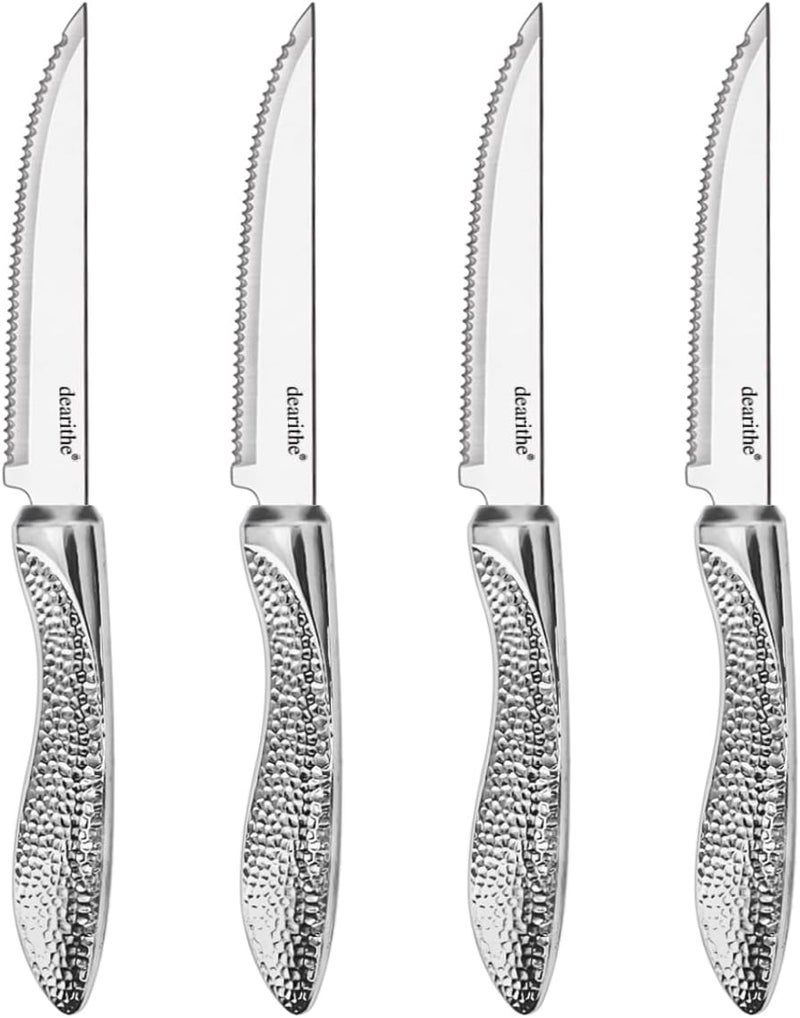 dearithe Steak Knives Set of 4, Stainless Steel Serrated Sharp Blade Flatware Steak Knife Set, Hammered Pattern Hollowed Handle,4.5 In,For Kitchen Restaurant Tableware, Dishwasher Safe - Image 1