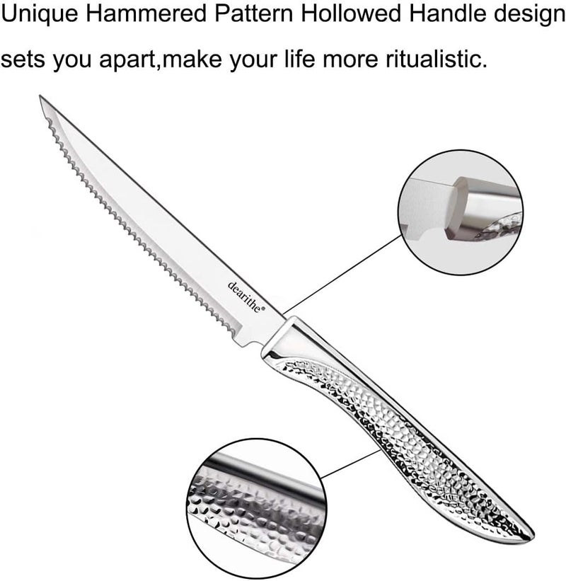 dearithe Steak Knives Set of 4, Stainless Steel Serrated Sharp Blade Flatware Steak Knife Set, Hammered Pattern Hollowed Handle,4.5 In,For Kitchen Restaurant Tableware, Dishwasher Safe - Image 3