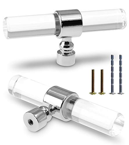 Cionyce 12 Pack Acrylic Cabinet Knobs Silver Drawers Knobs, Clear Single Hole T Bar Cabinet Pulls for Dresser Drawers Kitchen Cabinet, 3.15" Overall Length - Image 1