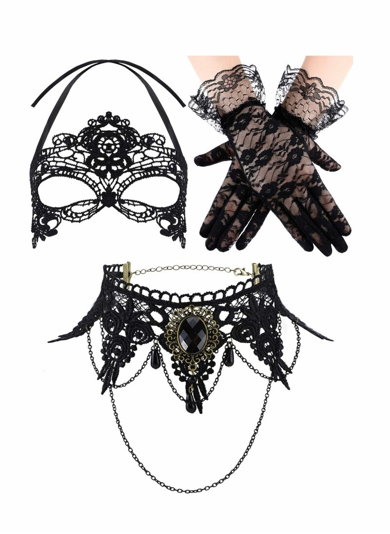Y&D Venetian Masquerade Mask Costume Set- Mask, Choker Lace Necklace And Gloves  - Image 1