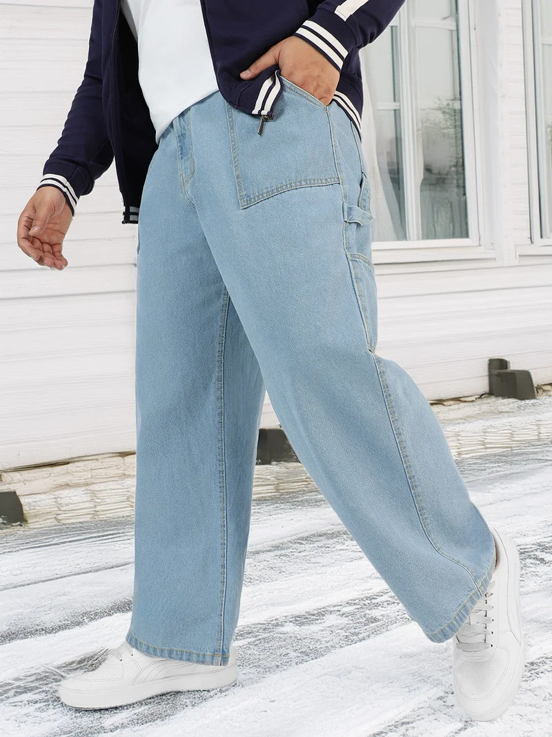 Urbano Plus Men's Ice Blue Loose Fit Cargo Carpenter Jeans With 6 Pockets Non-Stretchable