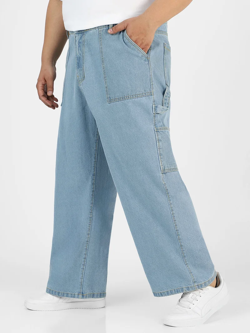 Urbano Fashion  Urbano Plus Men's Ice Blue Loose Fit Cargo Carpenter Jeans With 6 Pockets Non-Stretchable  | Best Price UAE
