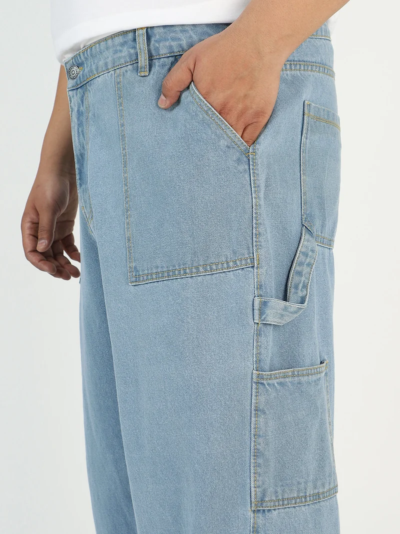 Urbano Fashion  Urbano Plus Men's Ice Blue Loose Fit Cargo Carpenter Jeans With 6 Pockets Non-Stretchable  | Best Price UAE