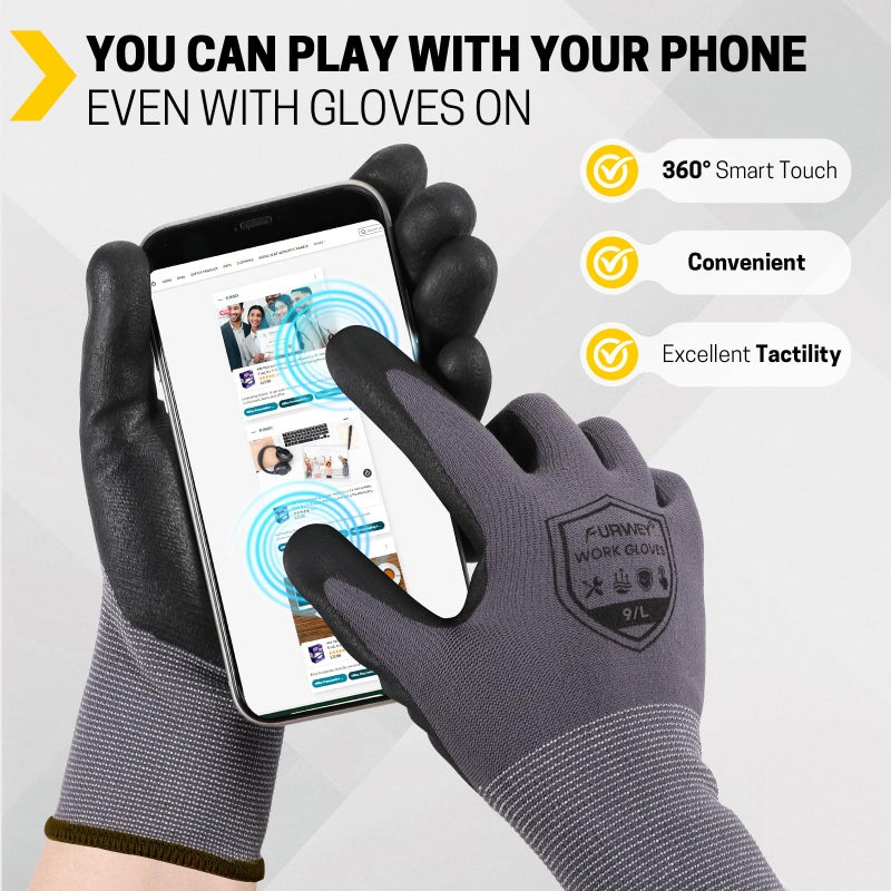FURWEY Safety Work Gloves,16 Pairs Micro-Foam Nitrile Coated Glove for Men and Women, Touchscreen, Ideal for Warehouse Package Handlingï¼ŒConstruction, Gardening, Large - Image 3