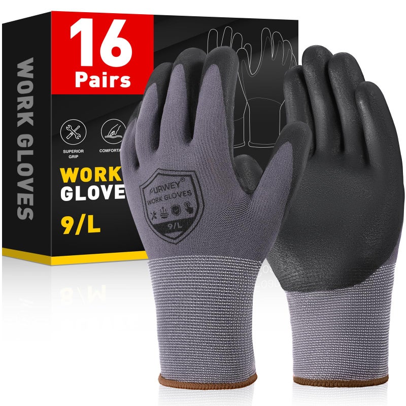FURWEY Safety Work Gloves,16 Pairs Micro-Foam Nitrile Coated Glove for Men and Women, Touchscreen, Ideal for Warehouse Package Handlingï¼ŒConstruction, Gardening, Large - Image 1