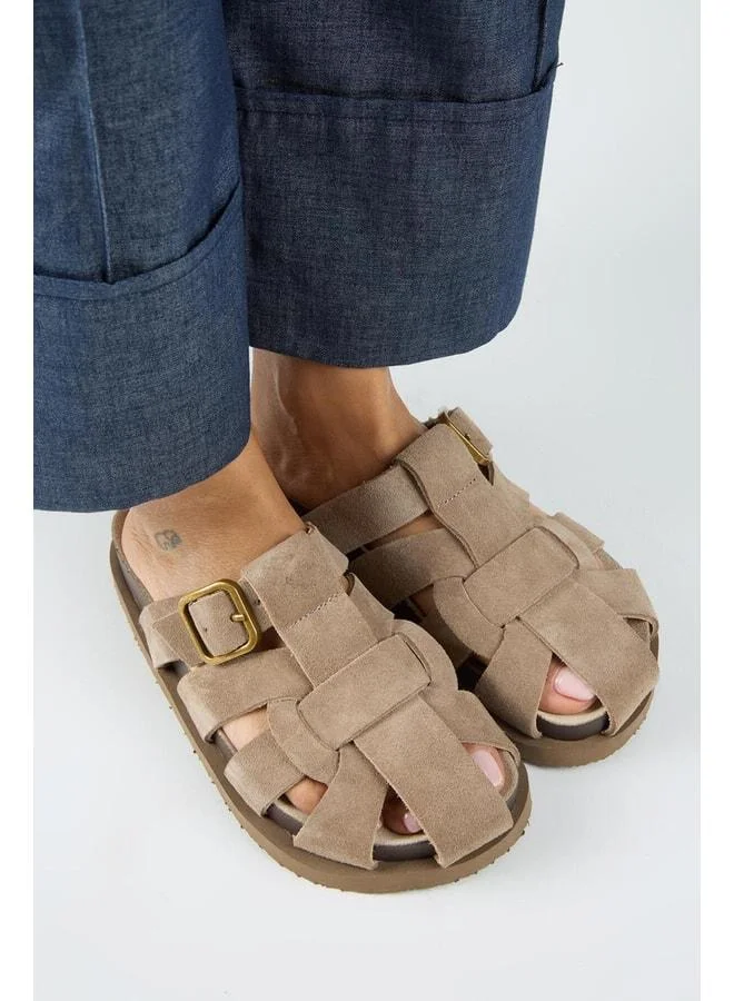 Manijero  Benito Women's Genuine Leather Buckle Laced Beige Slippers for Women | Best Price UAE