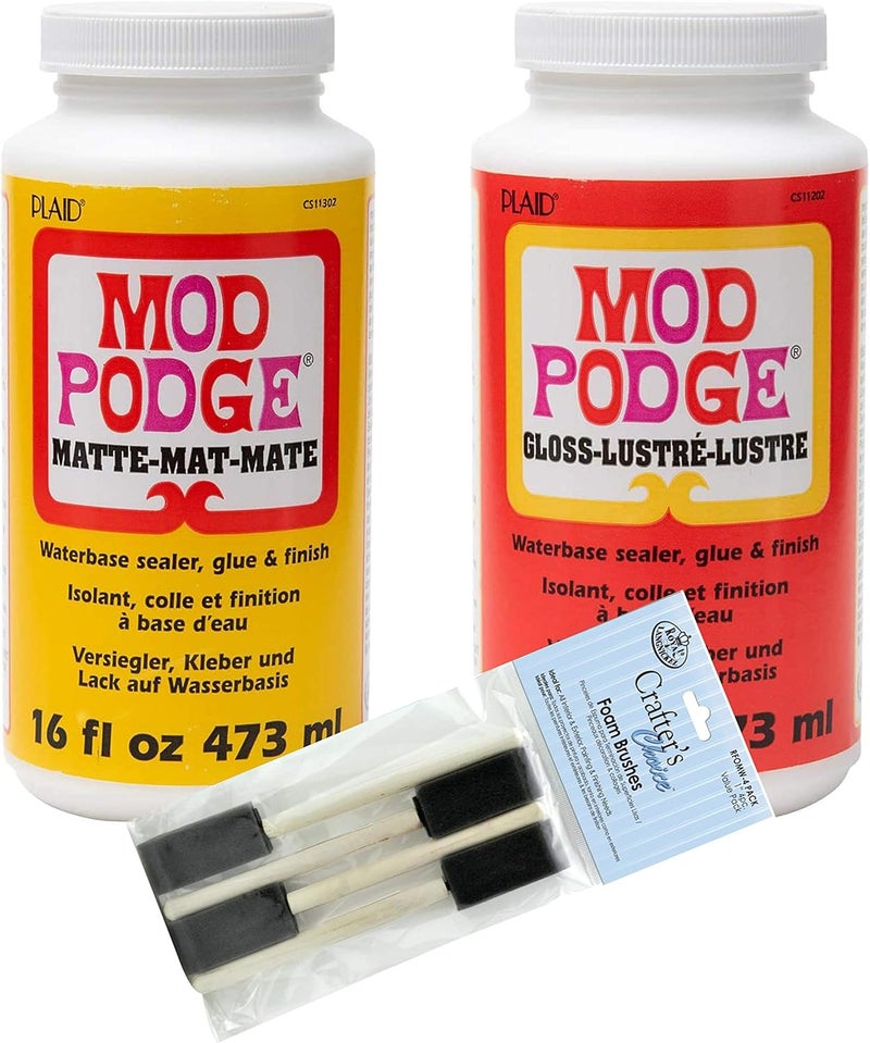 Mod Podge مجموعة مود بودج الكاملة للتزيين - زجاجتان سعة 16 أونصة (تشطيب غير لامع ولامع) مع 4 فراشي إسفنجية - Image 1